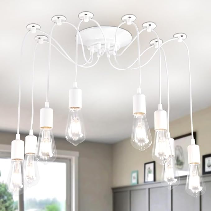Finktonglan 8-Light Spider Pendant Chandelier, Adjustable 48.4" Cords, E26 Sockets, White Modern Farmhouse Multi-Light Ceiling Fixture for Kitchen Island, Dining Room & Entryway