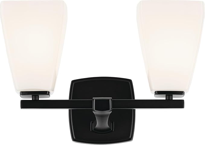 Kichler Marant 2-Light Bathroom Vanity Light Fixture with Opal Glass, 14.25" Modern Wall Sconce in Black for Over Mirror, Powder Room (14.25" W x 9.5" H), 55215BK