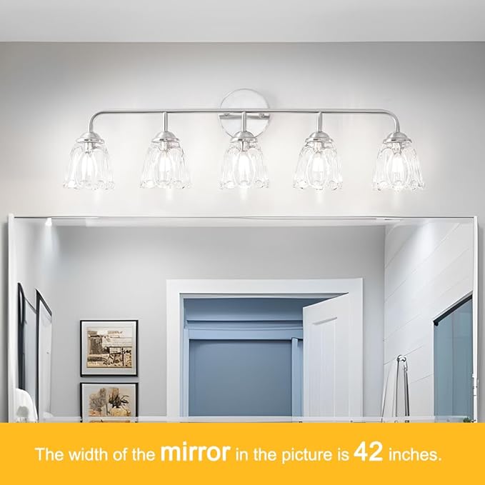 Daunton Vintage Vanity Light for Bathroom, Elegant Vanity Light with Flower Glass Shade, Brushed Nickel 5-Light Bathroom Lighting Fixtures Over Mirror, Wall Sconce Lighting for Bedroom, Living Room