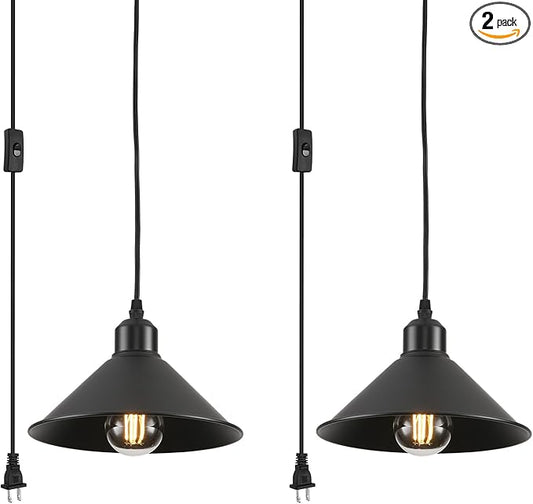 Black Plug in Pendant Light, 2 Pack Industrial Hanging Lamp Black Vintage Pendant Lighting Fixtures with 15ft Cord On/Off Switch for Kitchen Island Dinning Hall Bedroom