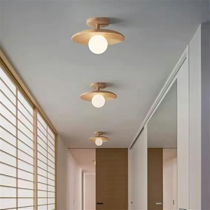 LITFAD Close to Ceiling Lamp Nordic Minimalist Wooden Small Ceiling Light Fixture for Bedroom Corridors Balconies, 11" W x 7.1" H 110V-120V