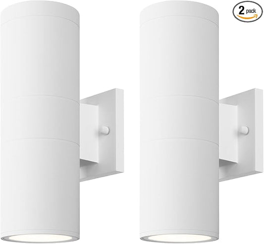 mirrea Modern Outdoor Porch Light Patio Light in 2 Lights with Aluminum Cylinder and Tempered Glass Cover Waterproof Wall Sconce 2 Pack (Matte White)