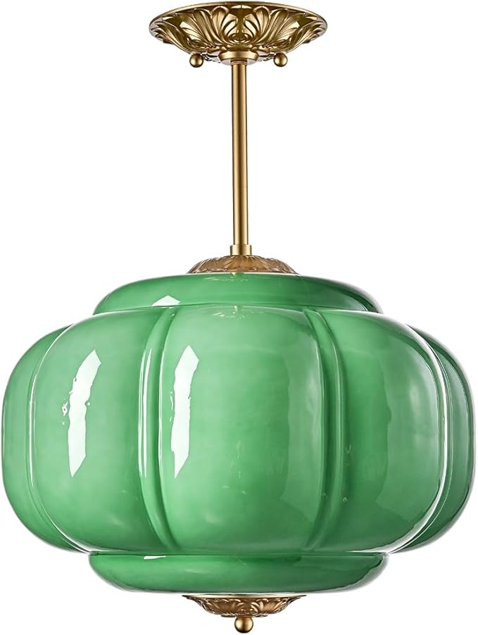 Vintage Milk Glass Ceiling Light Fixture, Antique Green Semi Flush Mount Milk Glass Pendant Light, 15" Farmhouse Mid Century Ceiling Light for Kitchen Hallway Schoolhouse Dining Room Bedroom
