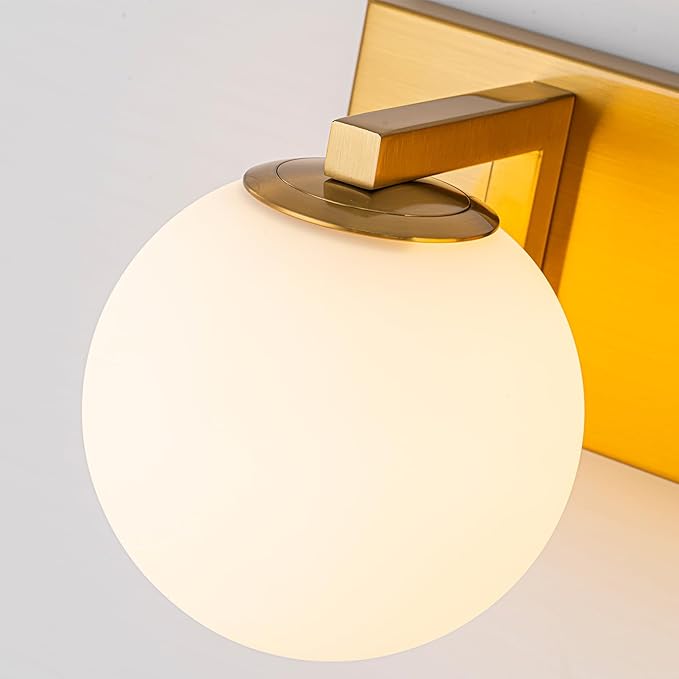 Lingkai Gold Bathroom Light Fixtures,4-Light Bathroom Vanity Light Over Mirror,Mid Century Modern Vanity Lighting Fixtures with Milky White Glass Globe Shades,33 Inch Wall Sconce Lamp