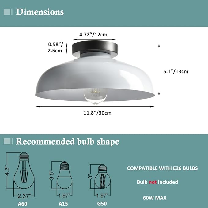 DIRYZON Modern Ceiling Light Industrial Semi Flush Mount Ceiling Light with 12-Inch White Metal Barn Shade