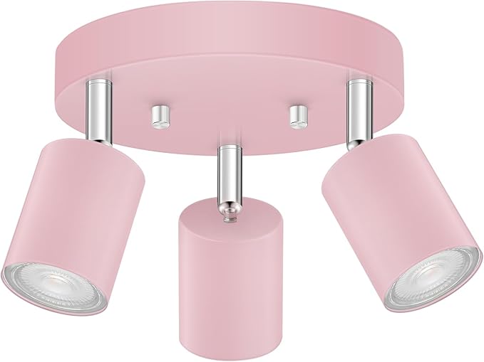 3 Light Track Lighting Fixtures Ceiling, Pink Round Directional Spotlight Fixtures, GU10 Flush Mount Ceiling Fixture, Adjustable Modern LED Track Light for Girl's Room, Bulb Not Included