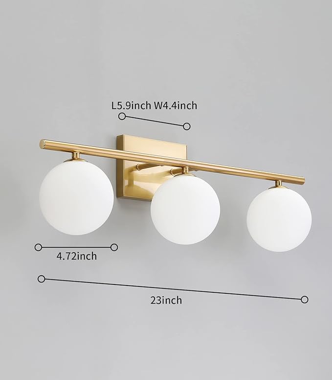 Bathroom Light Fixtures (3-Light, 24 in), Brushed Gold Vanity Lights with Milk Glass Shade, Bathroom Wall Lights for Mirror Bedroom Living Room Hallway