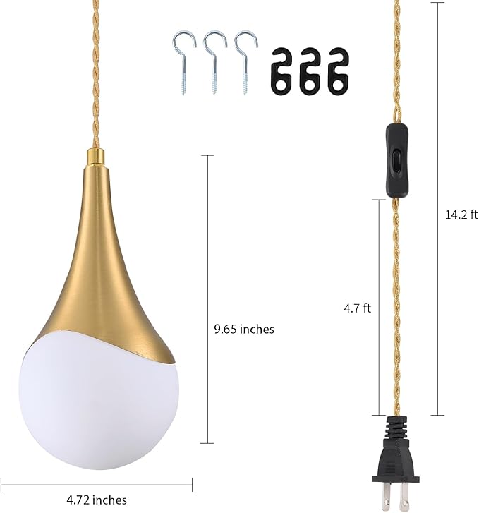 MWZ Gold Plug in Pendant Light,Hanging Lights with Plug in Cord On/Off Switch, Mini Brass Pendant Lights for Kitchen Island,1-Light Modern Raindrop Chandelier Lamps with Milky White Globe Glass Shade