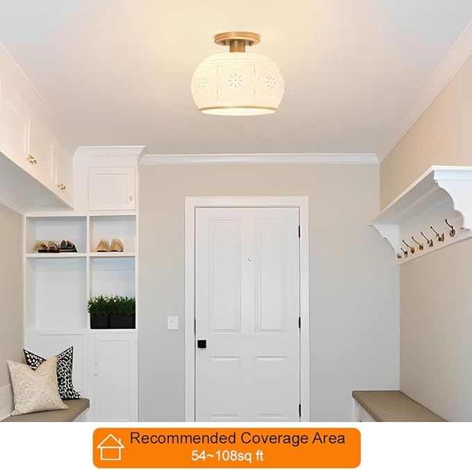 Brushed Brass Semi Flush Mount Ceiling Light with Clear Globe Glass, Modern Hallway Lighting Fixtures, Vintage Ceiling Light for Kitchen, Bedroom, Closet, Entryway, Porch
