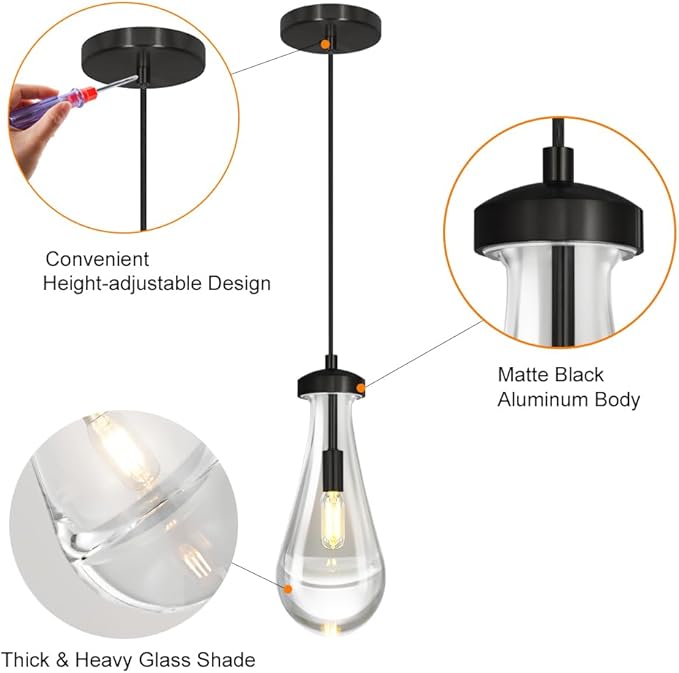 Raindrop Pendant Light Set of 2, Black 4.7-inch Clear Glass Teardrop Chandelier for Kitchen Island, Modern Pendant Lighting for Dining Room, Bedroom, Hallway, Adjustable Hanging Cord, Included Bulb