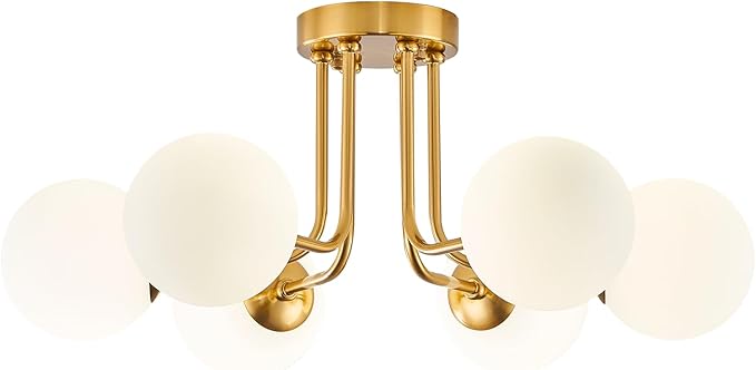 Modern Semi Flush Mount Ceiling Light,Gold White Glass Shade Semi Ceiling Light 6-Light,Sputnik Chandeliers for Bedroom Living Room Hallway Dining Room Lighting Fixture