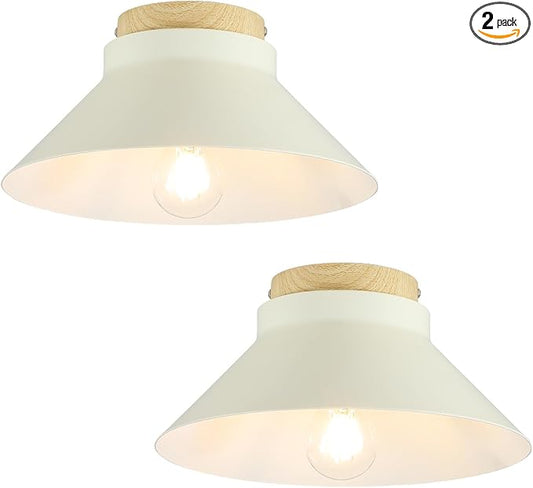 2 Pack Modern Flush Mount Ceiling Light, 11.8'' Cream White Metal Ceiling Light Fixtures with Natural Wood Accent, Farmhouse Semi Flush Mount Light Fixtures for Kitchen, Hallway, Entryway, Bedrooms