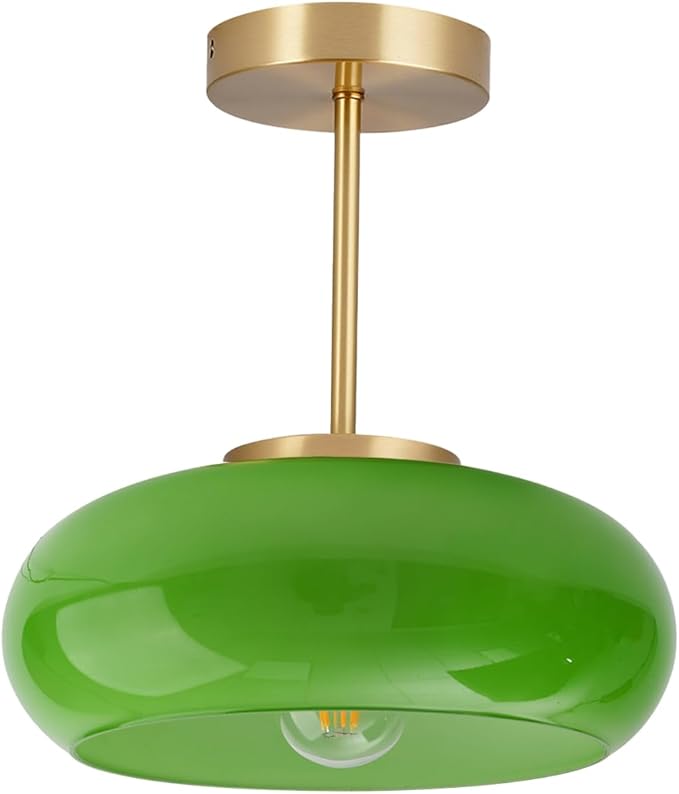 Green Glass Ceiling Light - Mid Century Modern Semi Flush Mount with Green Dome Glass Shade and Gold Brass Finish - Vintage Hallway Light Fixture Hallway Dining Room Kitchen Sink