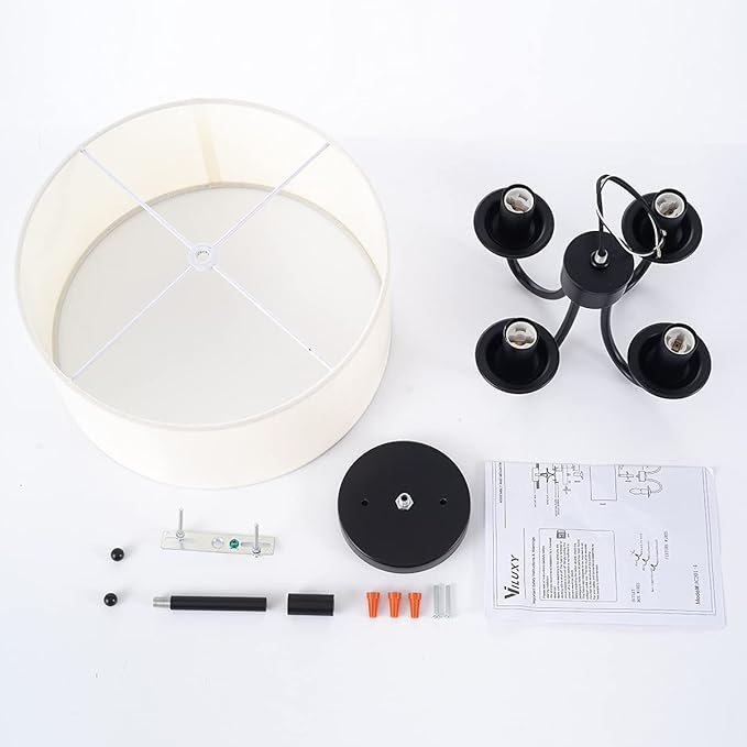 VILUXY Semi-Flush Mount Ceiling Light Fixture Off-White Fabric Drum Shade Modern Chandelier Black Finish for Bedroom, Dining Room, Corridor, Living Room 4-Light