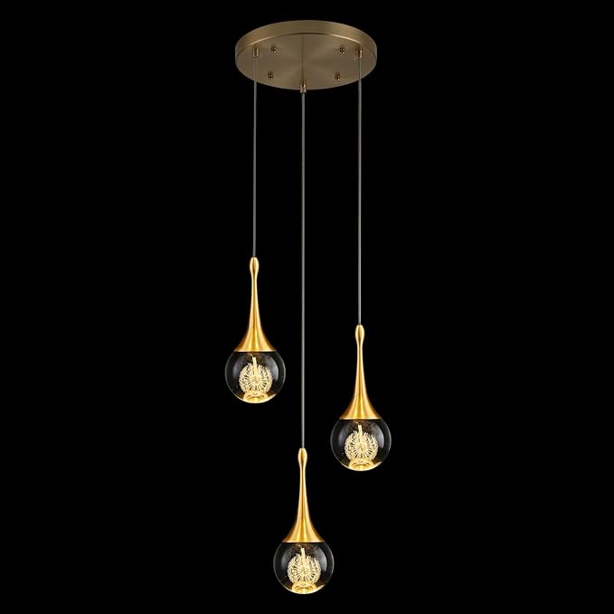 3 Light Gold Pendant Lighting, 15W Modern Dimmable LED Teardrop Crystal Chandelier Cluster Pendant Light for Kitchen Island Dining Room Hallway Bathroom 3000k Warm White