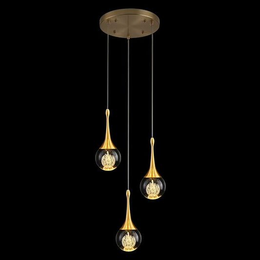 3 Light Gold Pendant Lighting, 15W Modern Dimmable LED Teardrop Crystal Chandelier Cluster Pendant Light for Kitchen Island Dining Room Hallway Bathroom 3000k Warm White