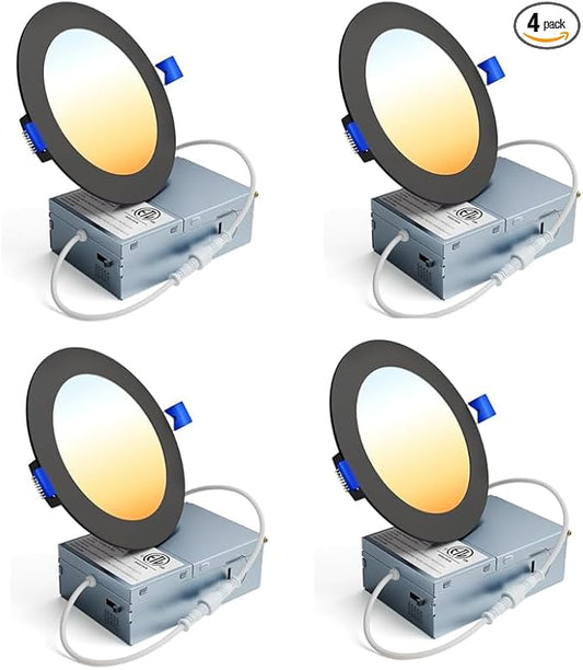 4 Pack 4 Inch LED Recessed Light, Dimmable, Damp Rated, 5CCT Selectable, 9W 750LM, 120V, Silm Canless Wafer Ceiling Light, Black, ETL&FCC