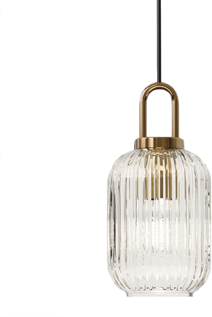 Industrial Vintage Pendant Lighting with Ribbed Glass Lamp Shade and Bronze Finish, Modern Retro Ceiling Light Hanging Lamp for Bedside Dining Table Kitchen Island (Transparent, 5.1")