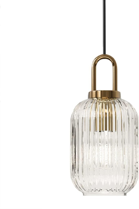 Industrial Vintage Pendant Lighting with Ribbed Glass Lamp Shade and Bronze Finish, Modern Retro Ceiling Light Hanging Lamp for Bedside Dining Table Kitchen Island (Transparent, 5.1")