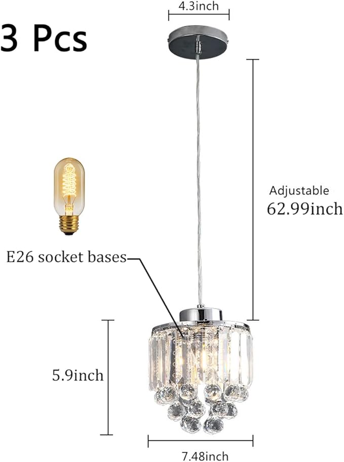 TFCFL 3 Pcs Crystal Chrome Ceiling Pendant Light Fixture, Chrome Pendant Light with Crystal Beads Modern Pendant Hanging Lighting Fixture for Dining Room Hallway