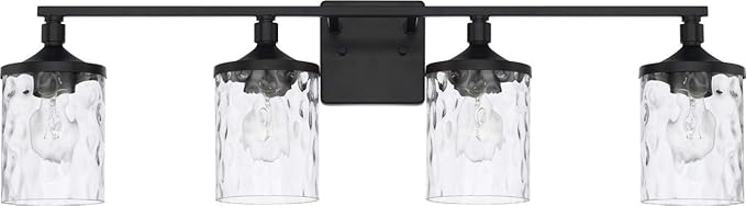 HomePlace Lighting 128841MB-451 Colton Mid-Century Clear Water Glass Bathroom Vanity Wall Light, 4-Light 400 Total Watts, 10" H x 34" W, Matte Black