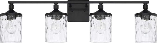 HomePlace Lighting 128841MB-451 Colton Mid-Century Clear Water Glass Bathroom Vanity Wall Light, 4-Light 400 Total Watts, 10" H x 34" W, Matte Black