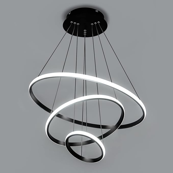Viruhaka Modern LED Pendant Light, Adjustable Height Circular Entrance Black 3 Ring Circular Chandelier Fixture, Suitable for Restaurants, Kitchens, Islands, Living Rooms, Cafes, Etc. (4000K)
