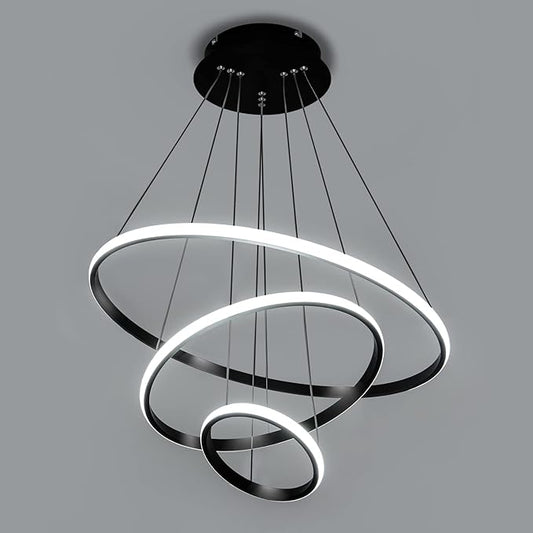 Viruhaka Modern LED Pendant Light, Adjustable Height Circular Entrance Black 3 Ring Circular Chandelier Fixture, Suitable for Restaurants, Kitchens, Islands, Living Rooms, Cafes, Etc. (4000K)