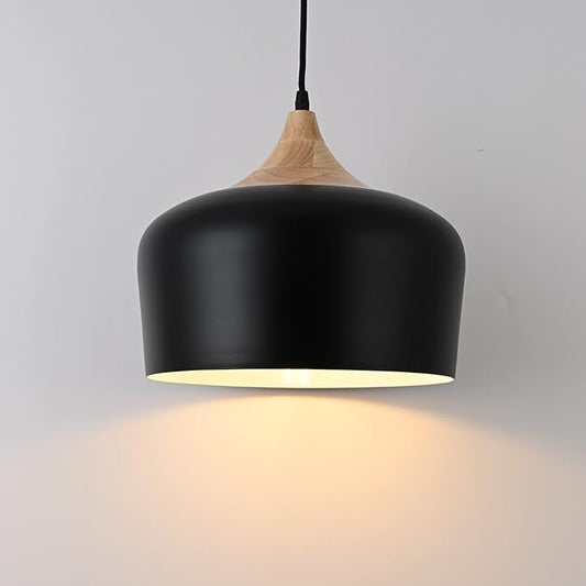 11.8 inch Black Industrial Pendant Light, Adjustable Wood Ceiling Hanging Lighting with Dome Metal Shade,Farmhouse Minimalist Lamp for Kitchen Island,Dining Room,Bar, Bedroom,Hallway