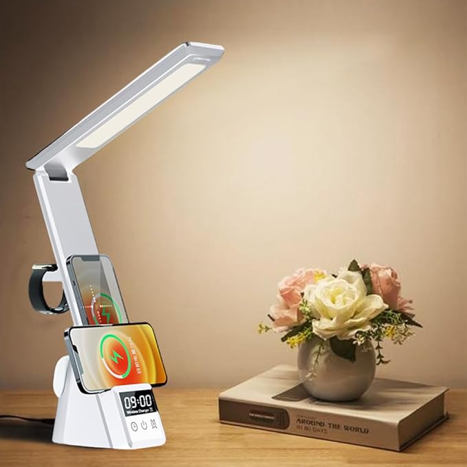 IHAO 6in1 Multifunctional Foldable LED Table Lamp with Wireless Charger Digital Alarm Clock Eye-Care Lighting 3 Color Modes 15W Qi Charger for Phone/Headphones, iWatch Charger Compatible-N61 White
