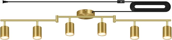 Plug in Track Lighting, LED Track Lighting Fixtures Ceiling, Gold 6-Light Kitchen Light Kit, Plug in Wall Light with 14.8ft Power Cord, Rotatable Ceiling Spotlight for Bedroom(GU10 Socket, NO Bulb)