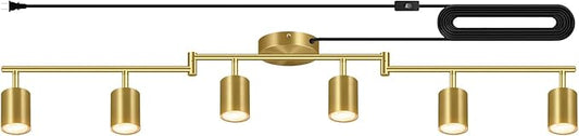 Plug in Track Lighting, LED Track Lighting Fixtures Ceiling, Gold 6-Light Kitchen Light Kit, Plug in Wall Light with 14.8ft Power Cord, Rotatable Ceiling Spotlight for Bedroom(GU10 Socket, NO Bulb)