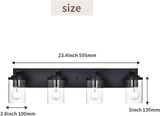 BONLICHT Modern Wall Bathroom Vanity Light Fixture 4 Light Black Metal with Clear Glass Shade,Industrial Vintage Farmhouse Wall Mount Lighting Sconce Bath Lighting Over Mirror for Kitchen Hallway