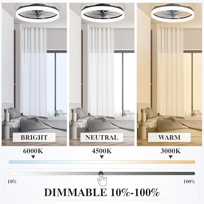 Ceiling Fans with Remote and Lights Fandelier - 20'' Low Profile Flush Mount Modern Black Ceiling Fans for Bedroom - 6 Speeds and Stepless Color Temperature Change