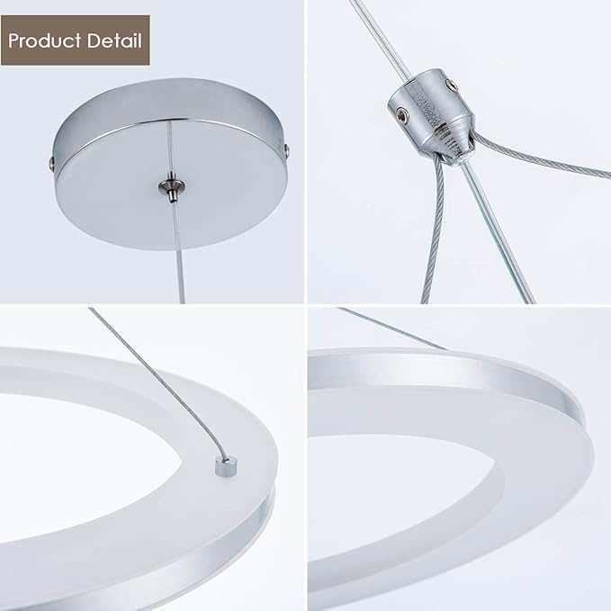 CHYING LED Pendant Lights Kitchen Island, 11.8" 15W Warm White Modern Ring Chandelier, Adjustable Height Silver Hanging Pendant Ceiling Light for Dining Room Bedroom Hallway Entryway, 3000K