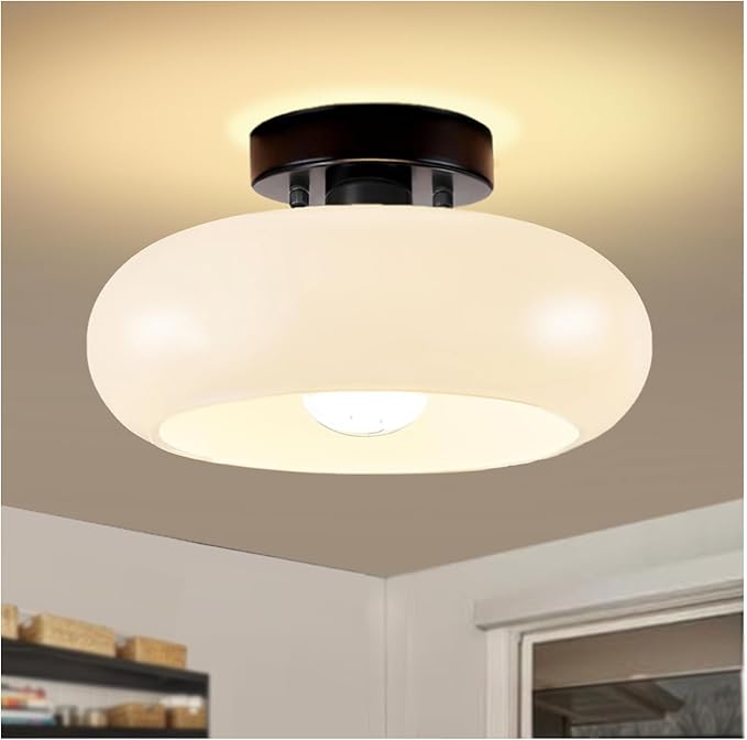 Semi Flush Mount Ceiling Light,11inch Mid-Century Modern Light Fixture,Black Hallway Light Fixtures with White Milk Glass Shade,Vintage Lighting fixtures for entryway,Bedroom,Kitchen,Porch