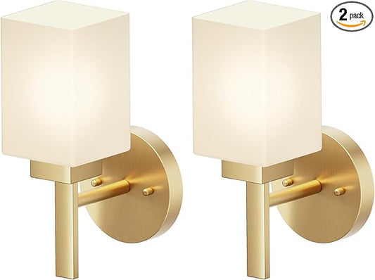 Vanity Lighting Fixtures with White Frosted Glass Shade, Brushed Gold Wall Lamps for Bathroom Mirror Bedroom Living Room Porch, 2 Pack T002GD-L1-P2