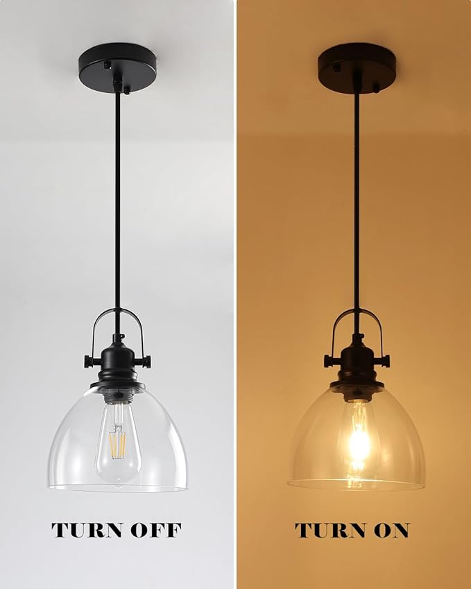 Kitchen Pendant Lights Over Island, 7.5 inch Farmhouse Glass Pendant Light, Industrial Black Pendant Lights Kitchen Island 1-Pack, Hanging Kitchen Pendant Light for Dining Room,Bar, Cafe