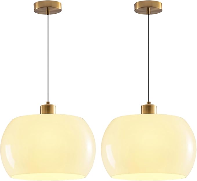 2 Pack 1-Light Dome Glass Pendant Lights, Adjustable Gold Hanging Lamps with Milk Yellow Glass Globe Shade for Kitchen Island, Dining Room, Bedroom & Kid Room