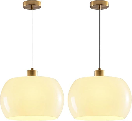 2 Pack 1-Light Dome Glass Pendant Lights, Adjustable Gold Hanging Lamps with Milk Yellow Glass Globe Shade for Kitchen Island, Dining Room, Bedroom & Kid Room