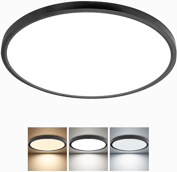 24 Inch Large LED Flush Mount Ceiling Light, 50W, 5480LM, 3000K/4000K/6000K CCT Selectable,Super Slim Low Profile Round Flat Panel Light for Bedroom,Kitchen,Hallway (Black 1PK)