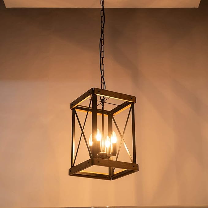 Farmhouse Pendent Lights for Kitchen Island, 4 Lights Rustic Wood Grain Black Cage Hanging Pendant Lamp Fixture for Dining Room Sink Hallway Entryway