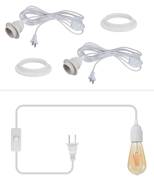 Plug in Hanging Light Cord,E26/E27 Extension Hanging Plug in Light Sockt, 2-Pack 15FT Pendant Light Socket Kits White for Kitchen Bedroom Farmhous.
