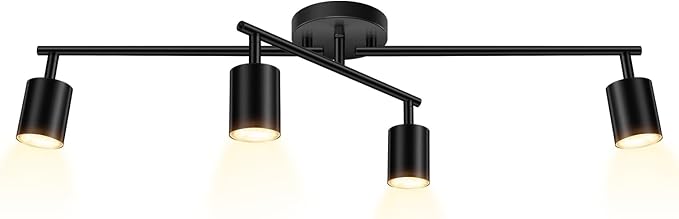 BoostArea 4 Light Track Lighting Kit, Black 4 Way Ceiling Spot Lighting, Center Swivel Track Light Heads, Flexibly Rotatable Light Head for Kitchen, Living Room, Bedroom, GU10 Bulb Not Included