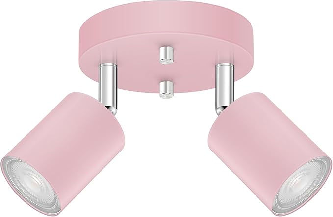 2 Light Track Lighting Fixtures Ceiling, Pink Round Directional Spotlight Fixtures, GU10 Flush Mount Ceiling Fixture, Adjustable Modern LED Track Light for Girl's Room, Bulb Not Included