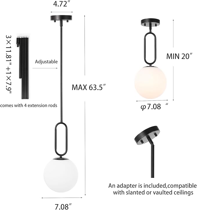 Modern Black Globe Pendant Light Milky White Globe Glass Shade Adjustable Rods Hanging Ceiling Light Fixtures for Kitchen Island Living Room