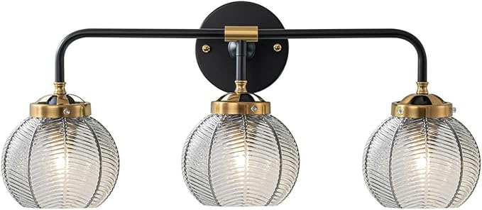 Black Bathroom Light Fixtures 3-Lights Vintage Vanity Wall Sconce Over Mirror with Ribbed Smoky Gray Globe Shade Mid Century Modern Lights Fixture Art Deco Farmhouse Vanity Lighting