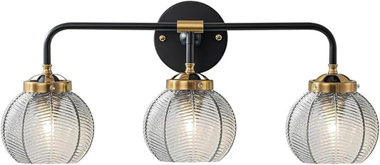 Black Bathroom Light Fixtures 3-Lights Vintage Vanity Wall Sconce Over Mirror with Ribbed Smoky Gray Globe Shade Mid Century Modern Lights Fixture Art Deco Farmhouse Vanity Lighting