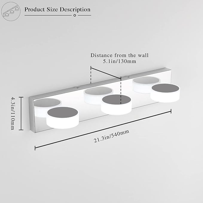 3 Light Bathroom Vanity Light, Modern Chrome Bathroom Light Fixtures Over Mirror, Bath Lamps Wall Scone 18W LED Vanity Lights with 360°Rotating Lamp Head