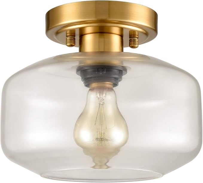 Modern Small Semi Flush Mount Ceiling Light Glass Brass Gold Ceiling Lights Hallway Fixtures, 1-Light